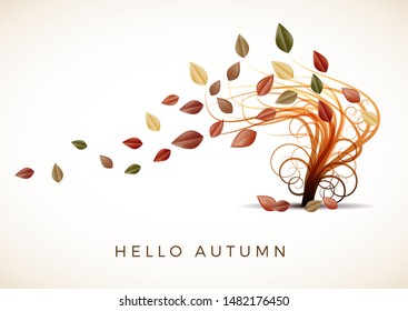 Tree moved by the wind with dead leaves, vector autumn background. Elements and template for brochure, flyer or depliant for business purposes