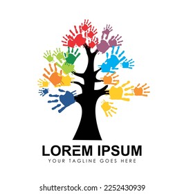 Tree with Multi Color Hand Logo Vector Icon Sign illustration in white background isolated