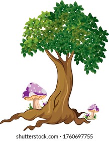 Tree and mushroom 2D cartoon illustration.