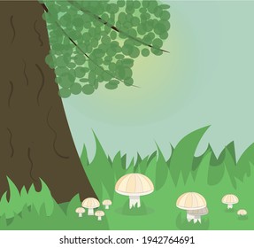 Árbol y setas debajo de su ilustración. Arte forestal. Parques. Afuera. La vegetación. Setas. Protección de la naturaleza, ecología, activismo ambiental. Vector