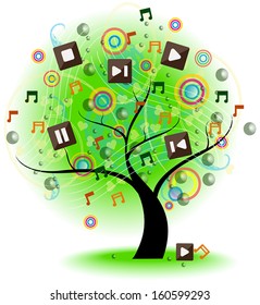 Tree of music. A big tree with music and audio media tune note play symbol on the branches, create by vector