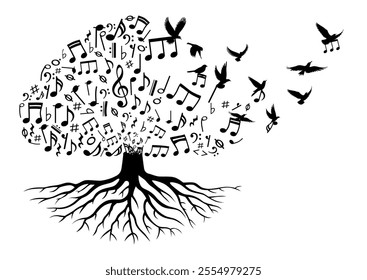 Tree with music note, music tree with flying musical notes, music note with birds flying