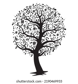 A tree of musical notes isolated on a white background, black silhouette, Vector illustration.