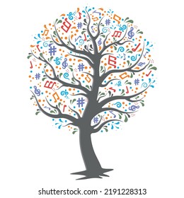 A tree of musical notes isolated on a white background, color vector illustration.