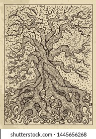 Tree. Mystic concept for Lenormand oracle tarot card. Vector engraved illustration. Fantasy line art drawing and tattoo sketch. Gothic, occult and esoteric background