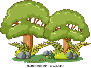 Tree with nature element in cartoon style isolated on white background illustration