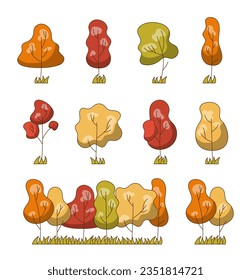 Tree nature forest. Grass plant garden. Orange autumn decor. Vector drawing. Collection of design elements.