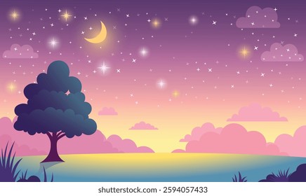 Tree in Nature Landscape with Beautiful Majestic Sky Panoramic with Crescent Moon at Night