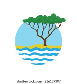 tree near the water, round vector logo illustration