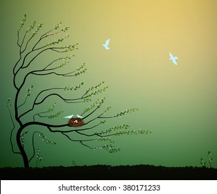 tree with nest and flock of blue birds flying, return to the nature home idea, spring nesting, vector