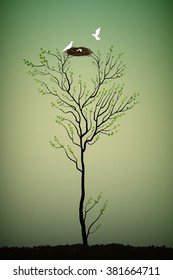 tree with nest and two white birds, elegance spring tree,  vector