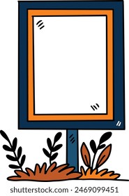 A tree is next to a sign that is blank. The sign is white and has a black border. The tree is tall and has green leaves