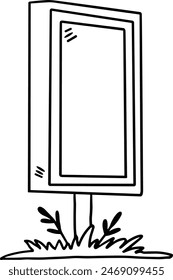 A tree is next to a sign that is blank. The sign is white and has a black border. The tree is tall and has green leaves