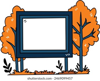 Un árbol está junto a un signo que está en blanco. El signo es blanco y tiene un borde negro. El árbol es alto y tiene hojas verdes