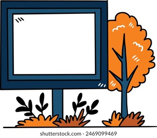 Un árbol está junto a un signo que está en blanco. El signo es blanco y tiene un borde negro. El árbol es alto y tiene hojas verdes