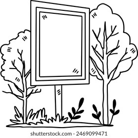 A tree is next to a sign that is blank. The sign is white and has a black border. The tree is tall and has green leaves
