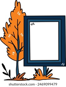 A tree is next to a sign that is blank. The sign is white and has a black border. The tree is tall and has green leaves