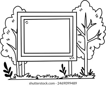 A tree is next to a sign that is blank. The sign is white and has a black border. The tree is tall and has green leaves