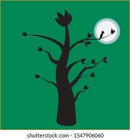 tree at night with birds and the moon
