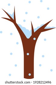 Tree with no leaves covered in snow, illustration, vector on white background.
