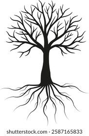 A tree with no leaves is on a white backdrop in a simple design.Two tree silhouettes in black on white background
