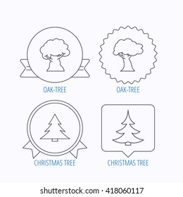 Tree, oak-tree and christmas tree icons. Forest trees linear signs. Award medal, star label and speech bubble designs. Vector