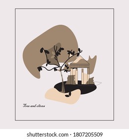 Tree and olives card vector art icon. Vector illustration for brochures, print wall,cards.