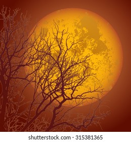 Tree on a background of the lunar sky, illustration clip-art