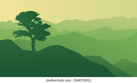 Tree on the background of mountain ranges. Green colors. Vector illustration. Suitable for website, social media, desktop, wallpapers, postcards.