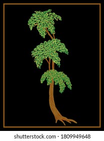 Tree on a black background. Russian traditional Palekh painting style. Vector illustration.