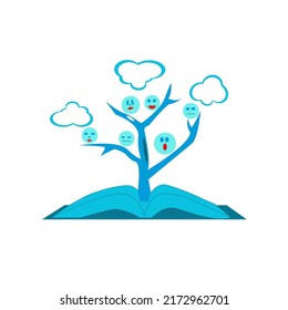 Baum auf einem Buch mit Emotionsköpfen und Wolken für Noten