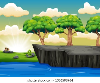 Tree on the Cliff Scenery with Grass, Sea, Sky And Clouds