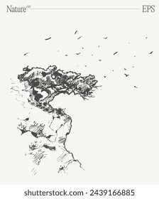 A tree on a cliff, surrounded by birds. Hand drawn vector illustration, sketch.