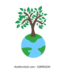 Tree on earth ecology concept.Vector illustration in flat design style. Creative drawing on global environment. Modern template for infographics or logo. Isolated on white background.