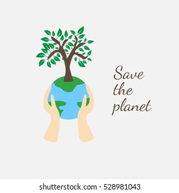 Tree on earth ecology concept.Vector illustration in flat design style. Creative drawing on global environment. Modern template for infographics or logo. Isolated on white background.