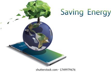 Árbol en la Tierra con fondo de smartphone, Ahorro de concepto de energía, diseño de perspectiva y polígono, arte vectorial e ilustración.