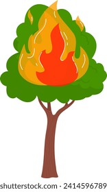 Tree on fire, green leaves with orange and yellow flames. Environmental issue, forest fire concept vector illustration.