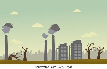 Tree on fire with pollution industry landscape