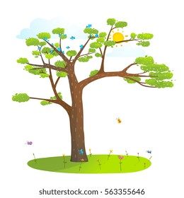 Árbol en el cielo del césped y paisaje silvestre. Naturaleza, paisaje vacío con flores de césped para el diseño de los niños, dibujos animados coloridos. Ilustración vectorial.