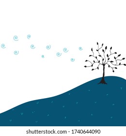 The tree on the grass mound with blue wind on white background.