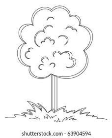 Tree on a grassy meadow. The symbolical monochrome image, contours