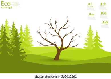 Tree on green grass. Eco friendly. The concept of ecology with the background of the tree. Template coniferous forest silhouette. landscape. Nature. Vector illustration.
