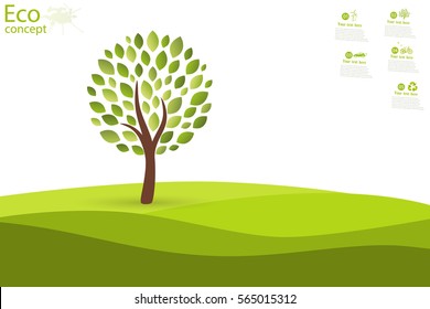 Tree on green grass. Eco friendly. The concept of ecology with the background of the tree. Template coniferous forest silhouette. landscape. Nature. Vector illustration.