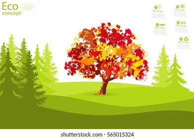 Tree on green grass. Eco friendly. The concept of ecology with the background of the tree. Template coniferous forest silhouette. landscape. Nature. Vector illustration.