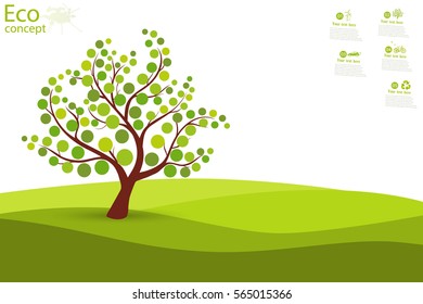 Tree on green grass. Eco friendly. The concept of ecology with the background of the tree. Template coniferous forest silhouette. landscape. Nature. Vector illustration.