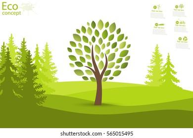 Tree on green grass. Eco friendly. The concept of ecology with the background of the tree. Template coniferous forest silhouette. landscape. Nature. Vector illustration.