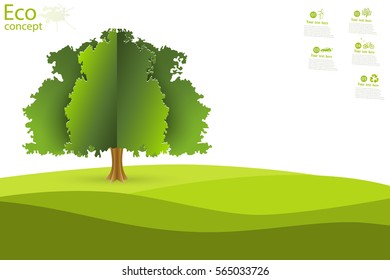 Tree on green grass. Eco friendly. The ecology concept on wood background. Template coniferous forest silhouette. landscape. Background.  Nature.  Vector illustration.