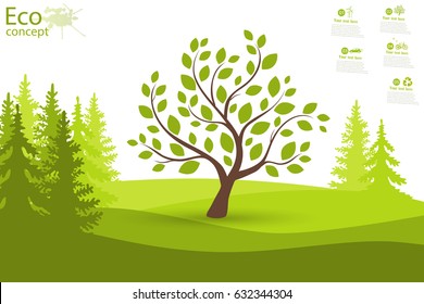 Tree on green grass. Eco friendly. The concept of ecology with the background of the tree. Template coniferous forest silhouette. landscape. Nature. Illustration.