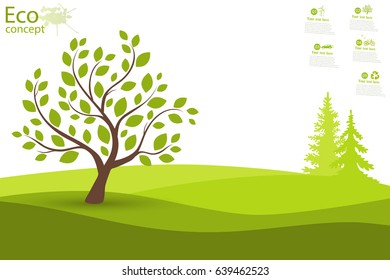 Tree on green grass. Eco friendly. The concept of ecology with the background of the tree. Template coniferous forest silhouette. landscape. Nature. Illustration.