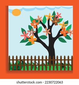 Tree on green grass flower with blue sky. Abstract background park and outdoor for landscape idea. Use for natural article both on print and website. Vector.